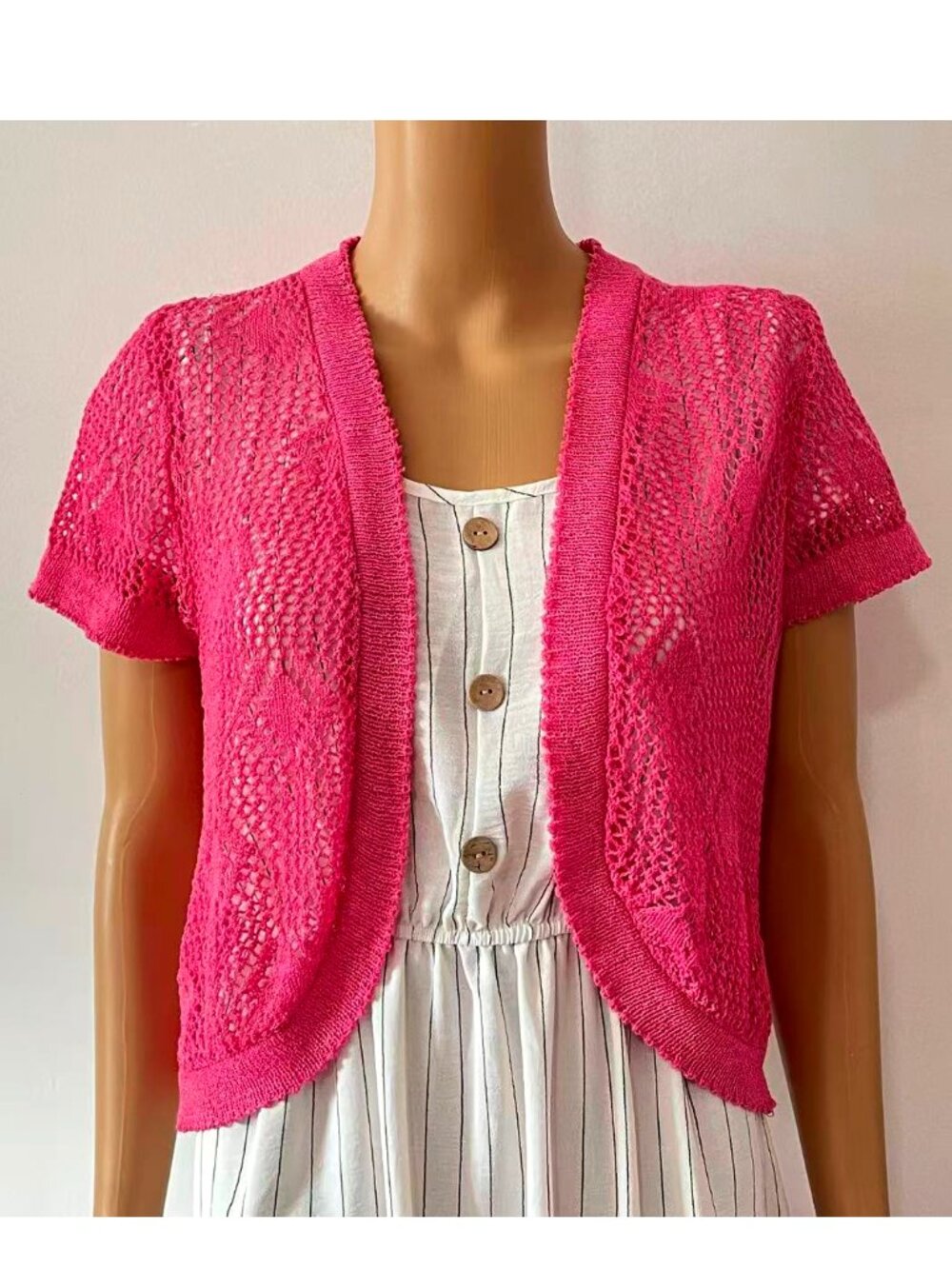 Women Summer Crochet Short Sleeve Crop Shoulder Shrug - One Size, Fuchsia Pink